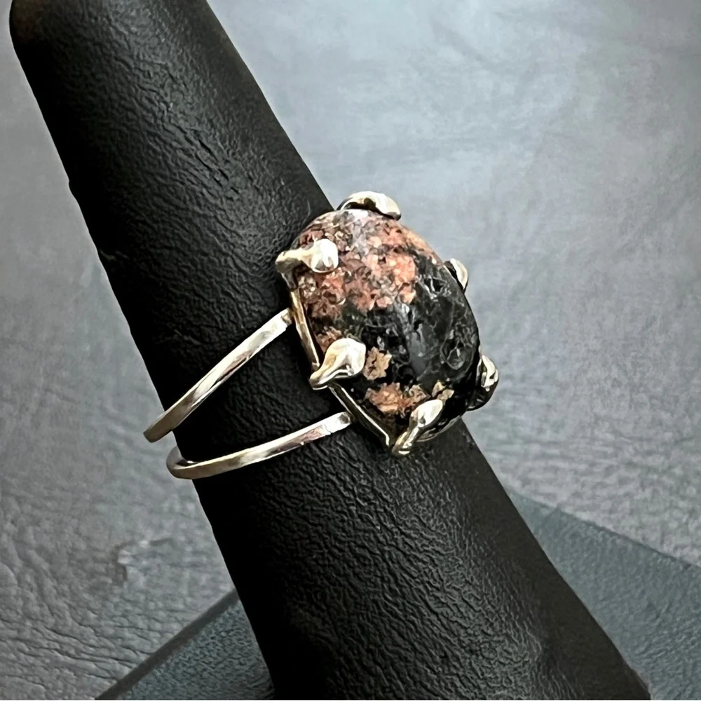 Vintage Taxco Mexico handmade sterling silver eudialyte adjustable ring